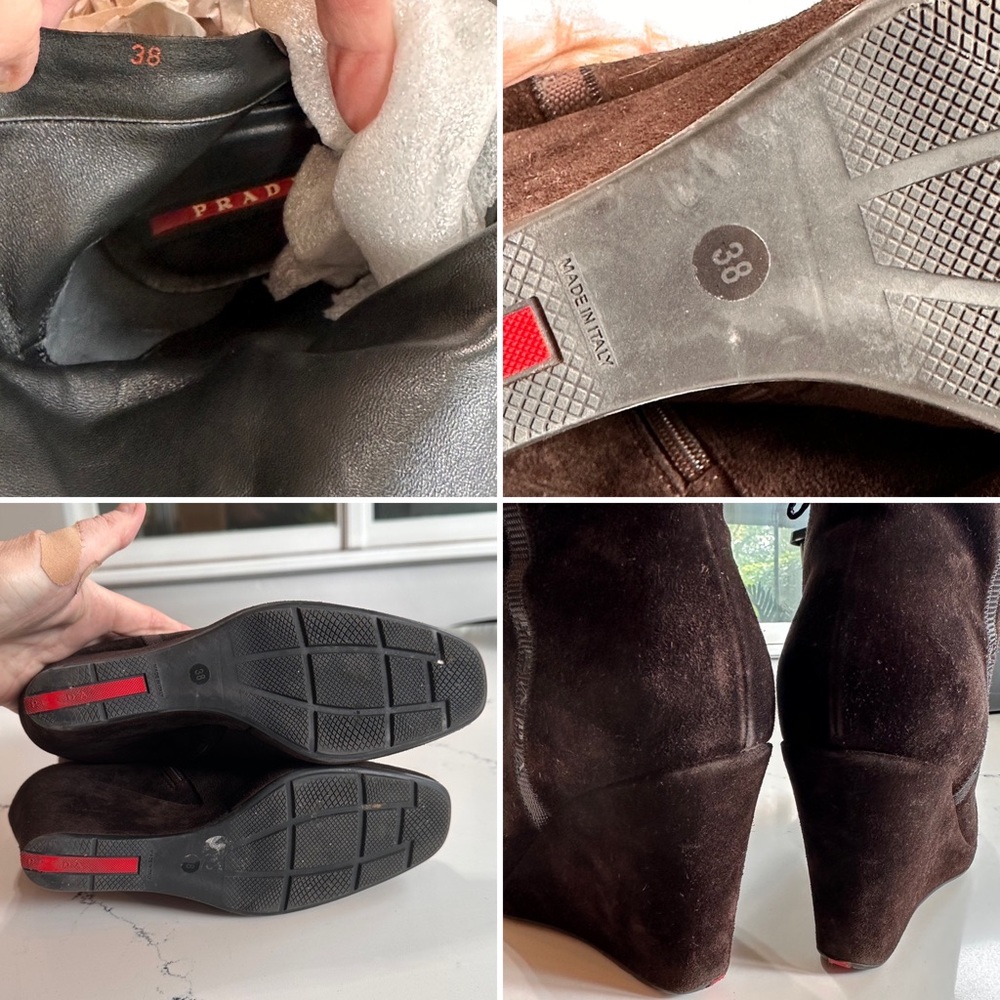 Prada size 38 sueded leather comfort wedges side zippers classic black logo 7.5 - Picture 8 of 10